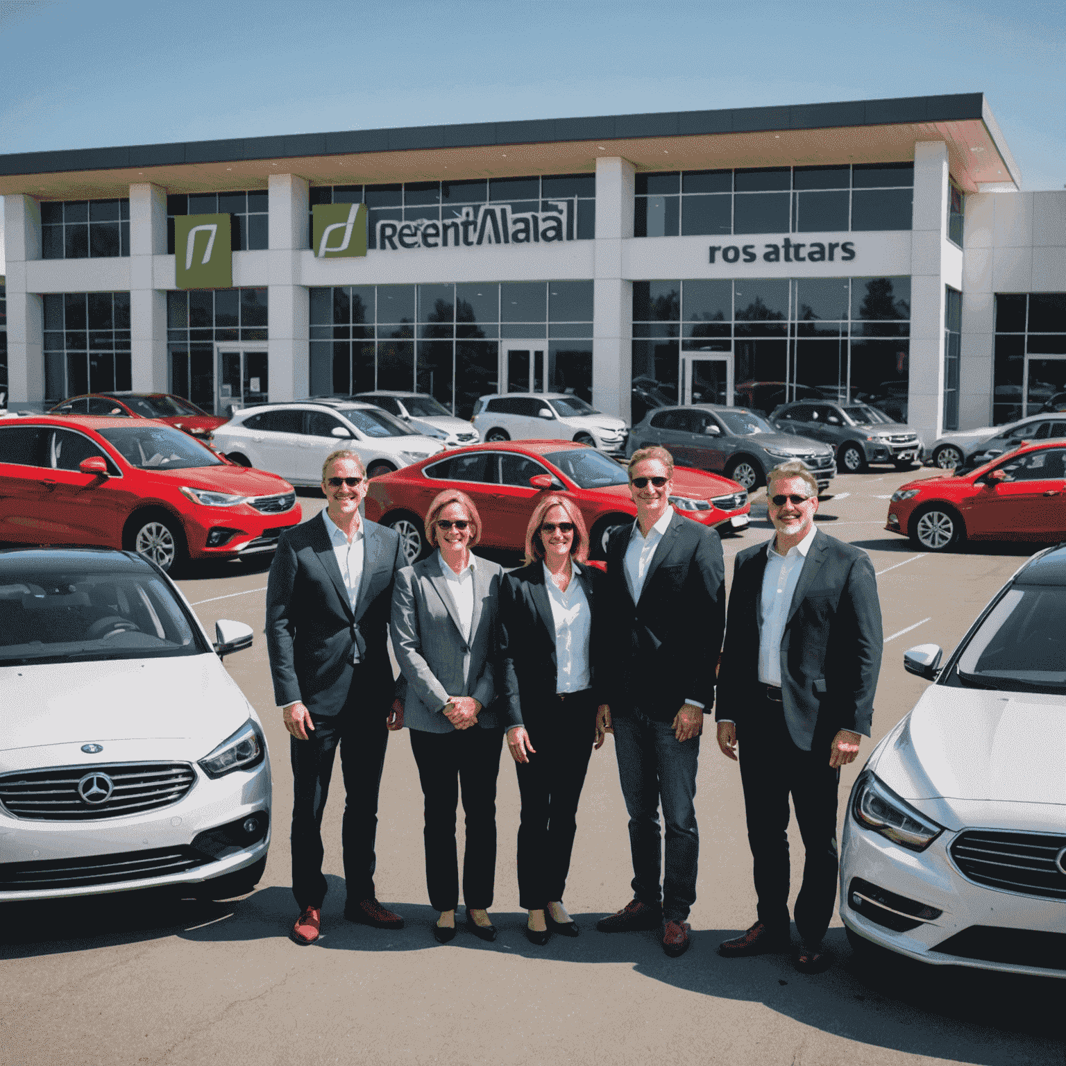 A diverse group of happy customers standing in front of a fleet of modern rental cars, ranging from compact cars to luxury vehicles, showcasing the variety of options available for family travel and business meetings