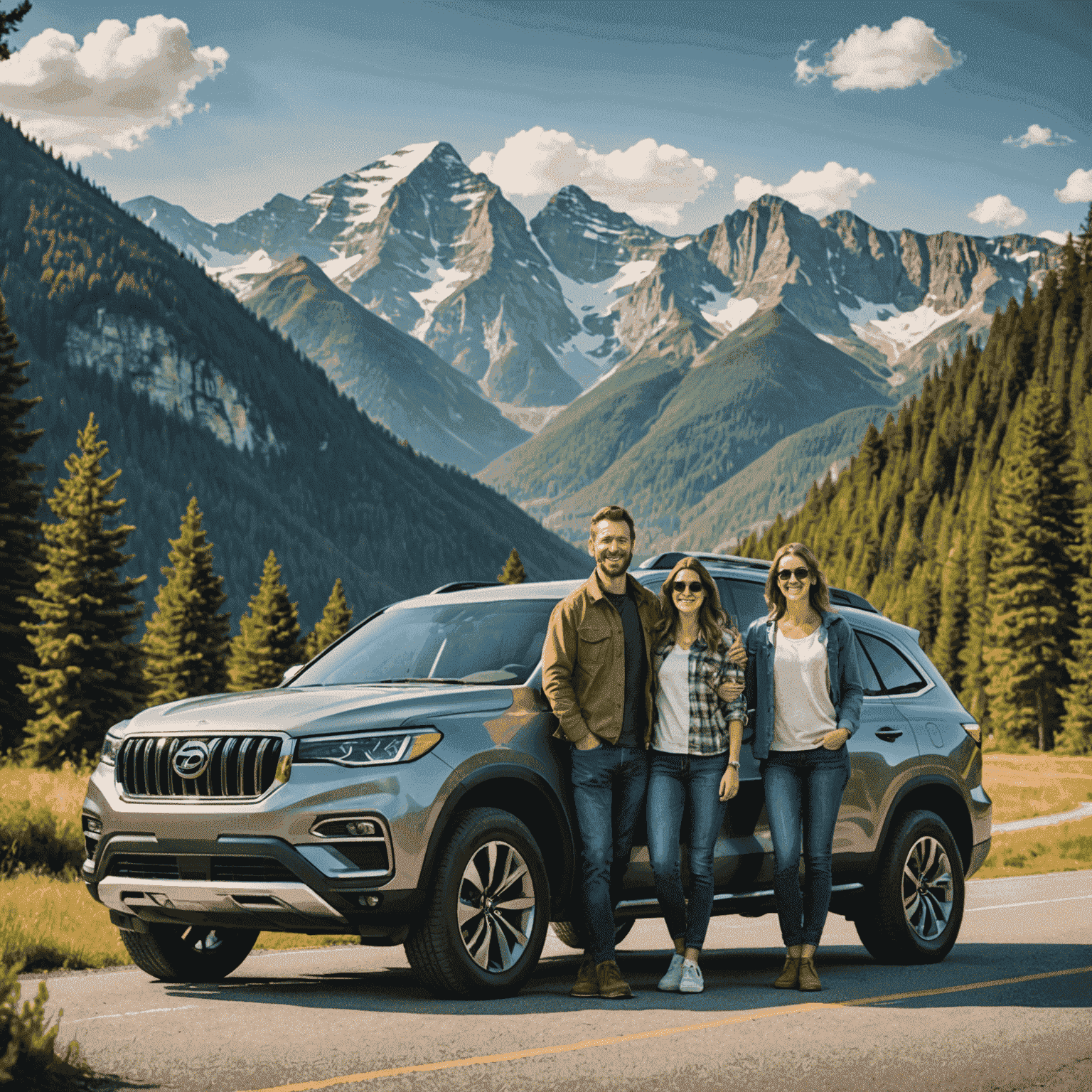 A family of four standing next to a spacious SUV, smiling and ready for a road trip. The background shows a scenic landscape with mountains and trees.