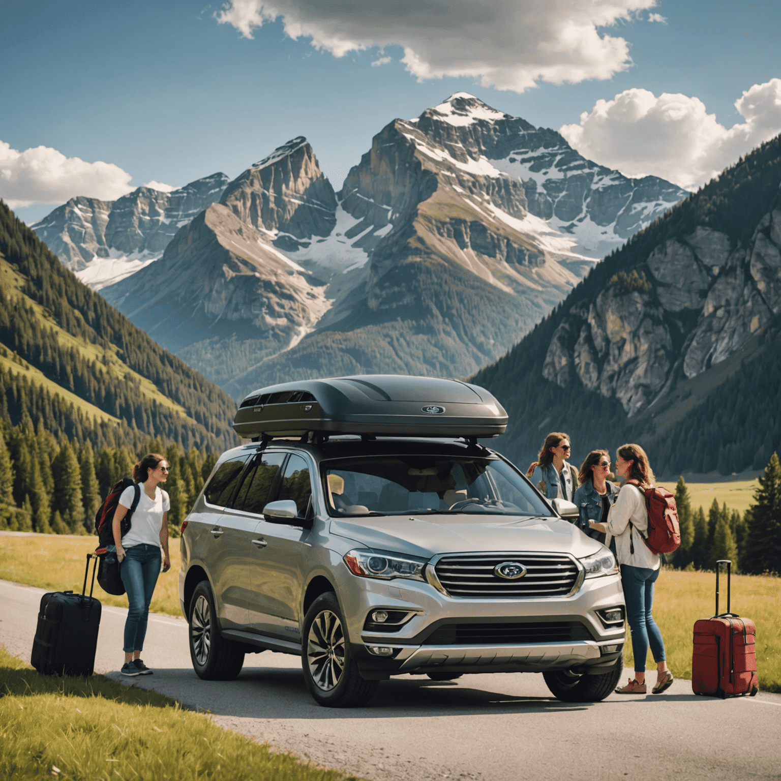 A family of four standing next to a spacious SUV packed with luggage, ready for a road trip. The car is parked in front of a scenic mountain landscape.