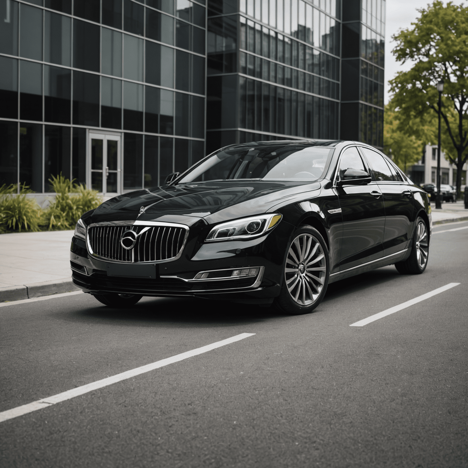 A sleek black luxury sedan parked in front of a modern office building, symbolizing corporate travel and professionalism