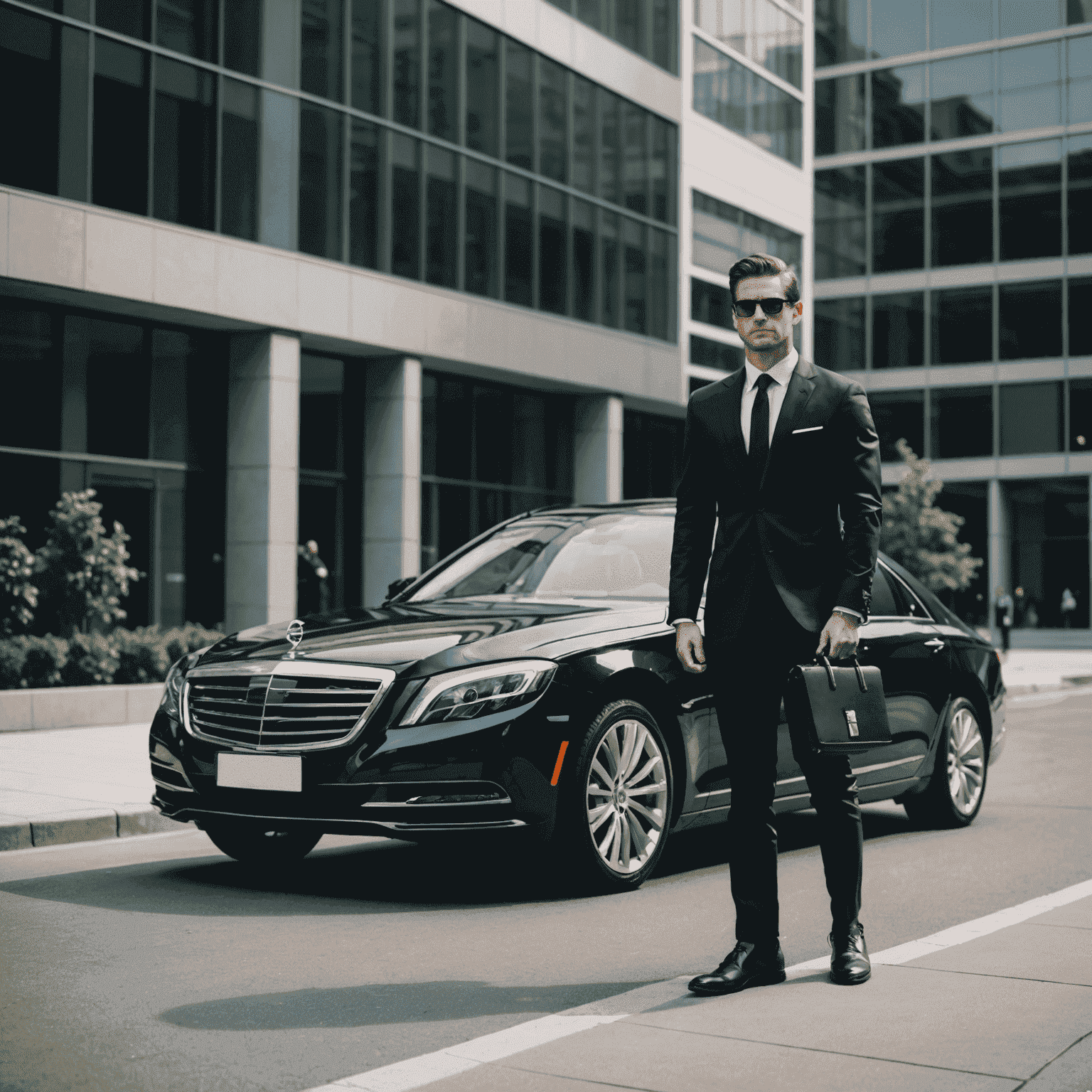 A sleek, black luxury sedan parked in front of a modern office building. A businessman in a suit is walking towards the car, briefcase in hand.