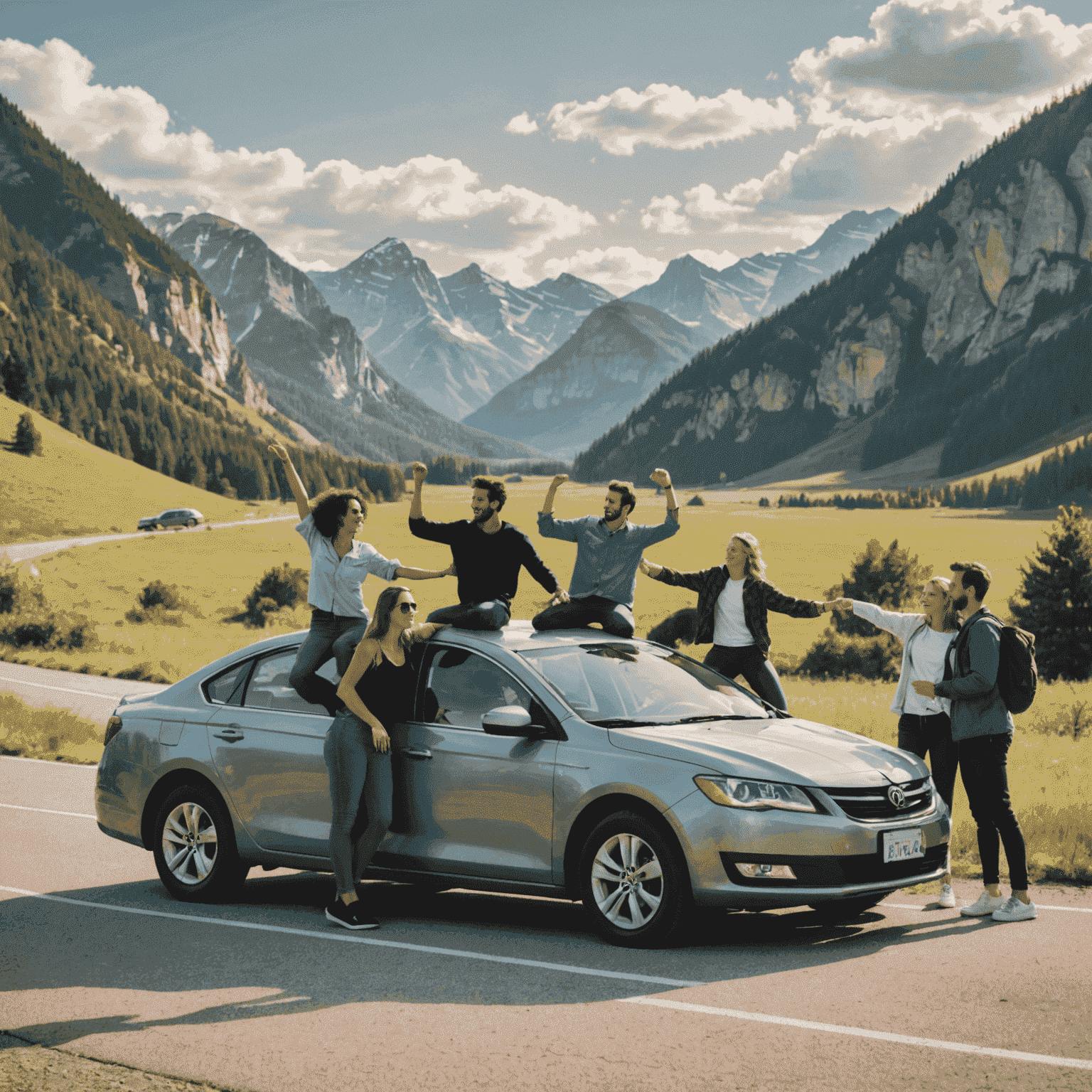 A group of friends taking a break during their road trip, stretching next to their rental car with a beautiful landscape in the background