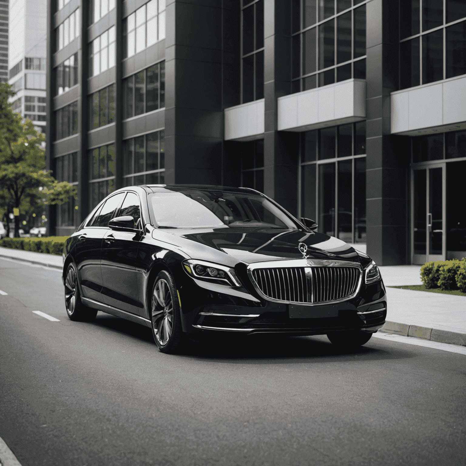 A sleek, black luxury sedan parked in front of a modern office building. The car's polished exterior reflects professionalism and style, ideal for corporate meetings.