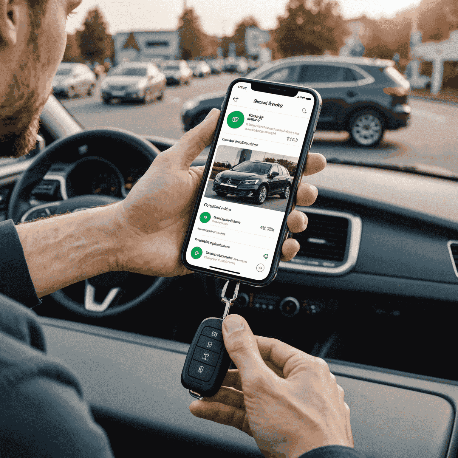 A person holding car keys and a smartphone showing a car rental app with discounts and special offers displayed on the screen.