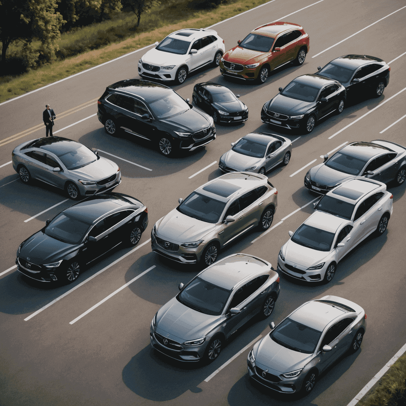 A diverse lineup of cars ranging from compact to luxury, showcasing various options for different needs. A person is shown considering the choices, symbolizing the decision-making process.