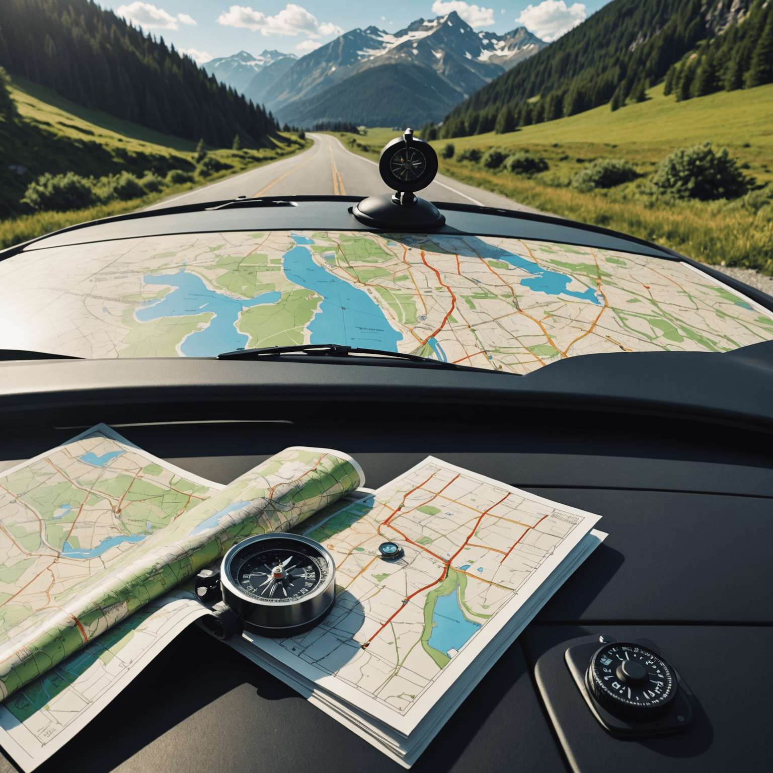 A map spread out on the hood of a car, with a compass, GPS device, and guidebook. In the background, a scenic road winds through a beautiful landscape.